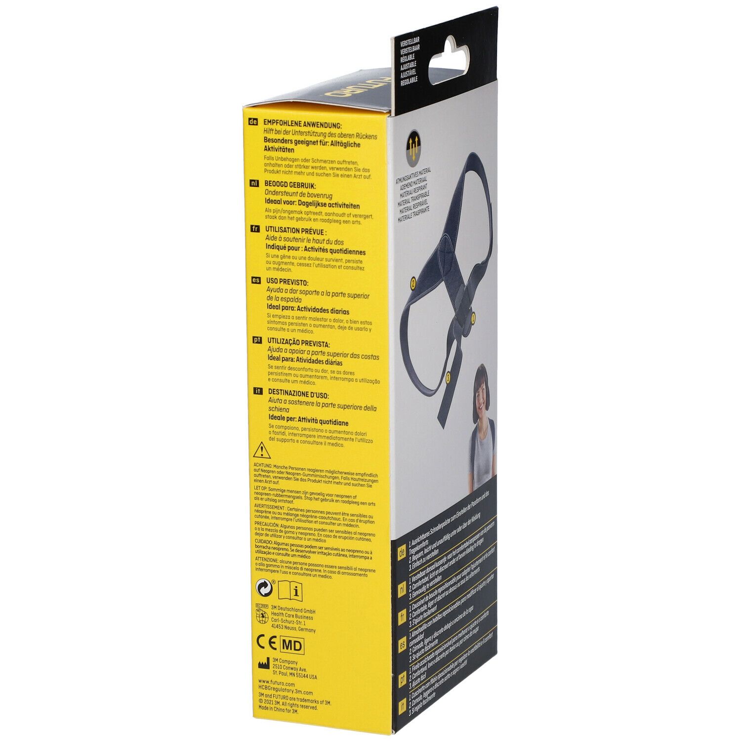 3M™ Futuro™ Haltungskorrektur Verpackung. Seitenansicht mit Produktabbildung und Text. CE-Kennzeichnung.