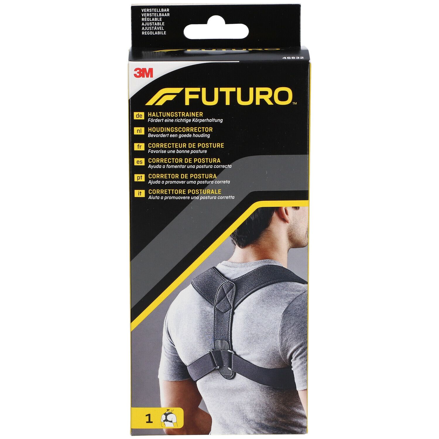 3M™ Futuro™ Haltungskorrektur in Verpackung. Produktansicht mit Person, die das Produkt trägt. Produktname und Logo sichtbar.