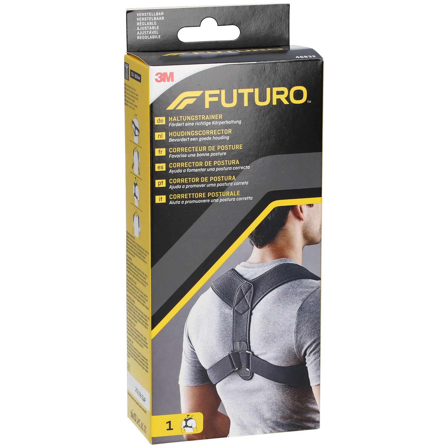 3M™ Futuro™ Haltungskorrektur in Verpackung. Produktansicht mit Person, die das Produkt trägt. Produktname und Logo sichtbar.