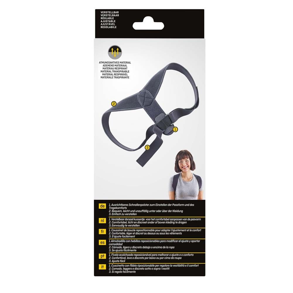 Haltungskorrektor-Verpackung: Rückseite mit Produktabbildung und Anwendungsbeschreibung.