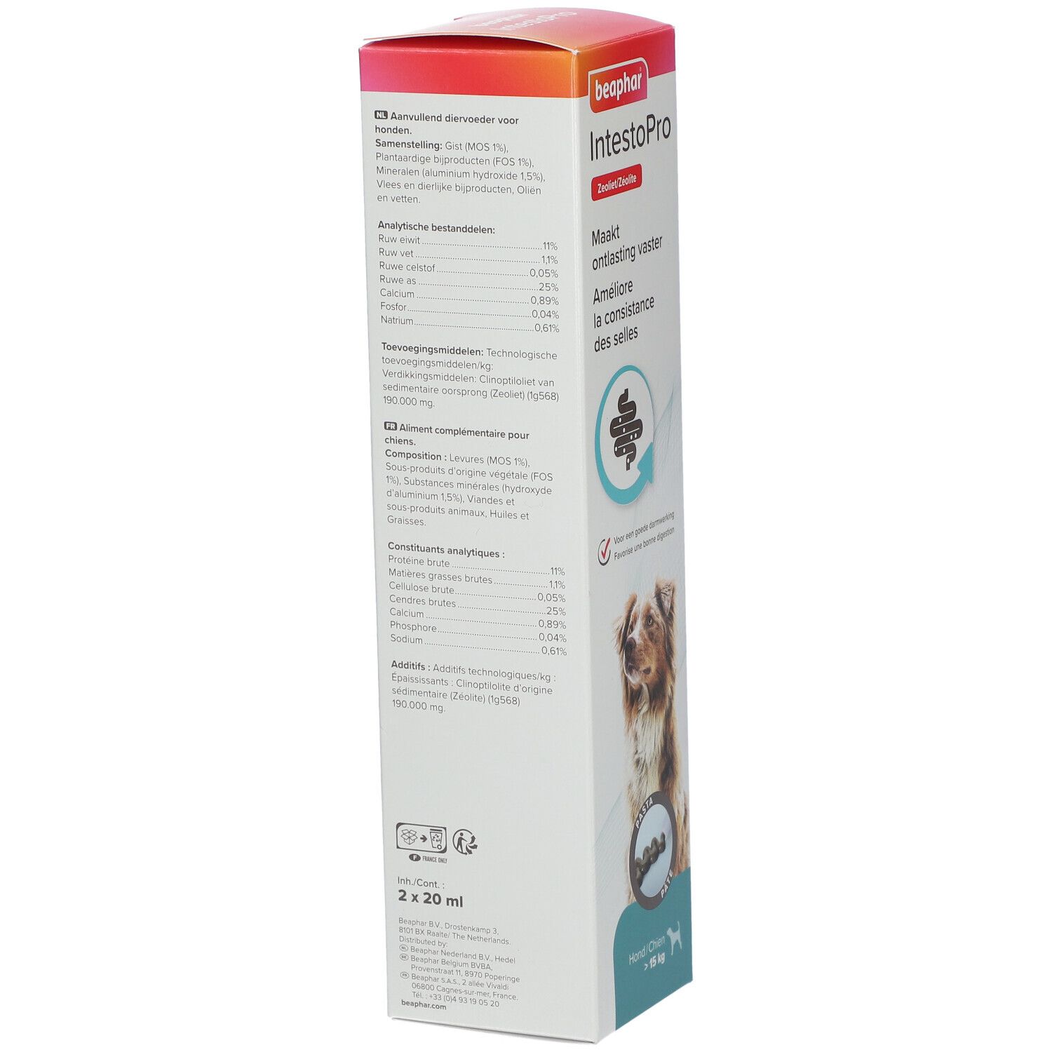 Beaphar IntestoPro Paste Hund ab 15kg. Produktverpackung, Rückseite mit Inhaltsstoffen und Text. 2x20 ml.