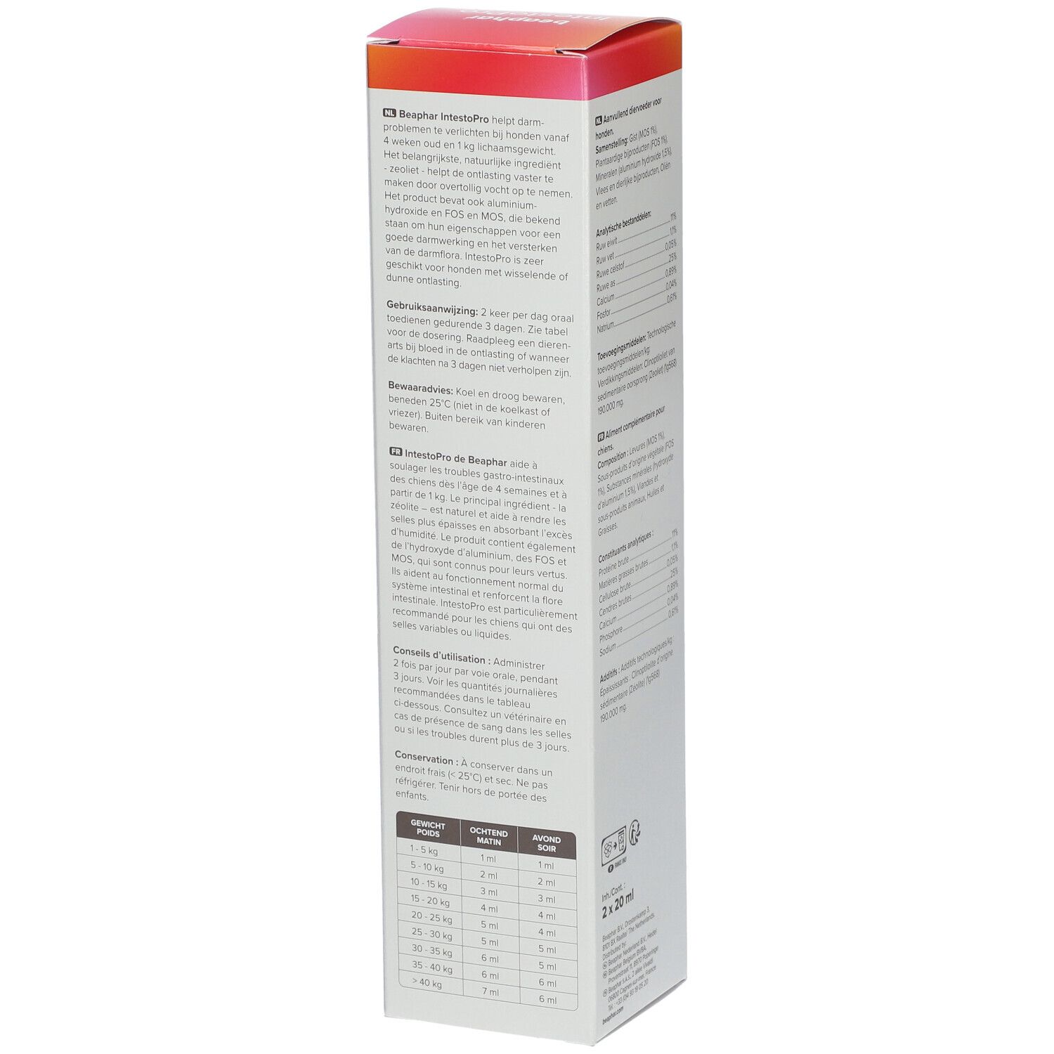 Beaphar IntestoPro Paste Hund ab 15kg. Produktverpackung, Rückseite mit Text. Dosierungstabelle für Hunde.