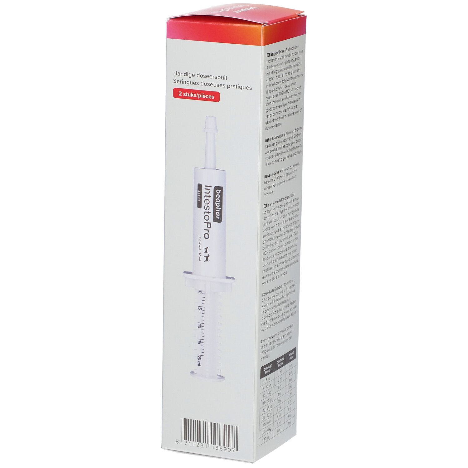 Beaphar IntestoPro Paste Hund ab 15kg. Produktverpackung, Seite mit Spritze. 2 Stück.
