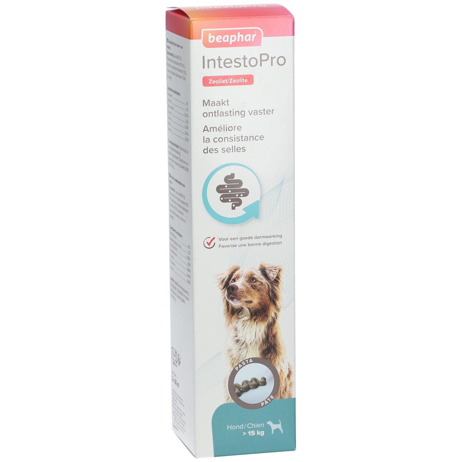 Beaphar IntestoPro Paste Hund ab 15kg. Produktverpackung mit Produkt und Hund. Text: Macht ontlasting vaster, Améliore la consistance des selles.