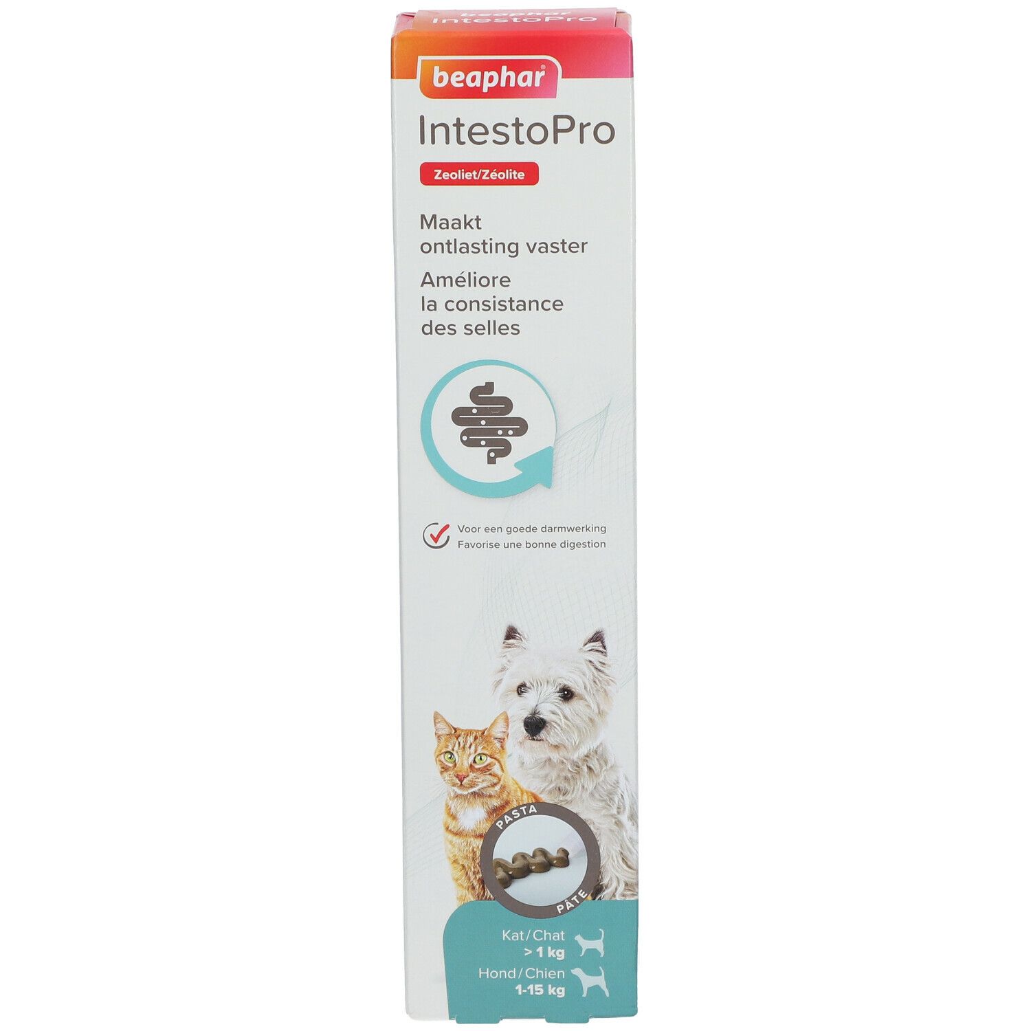 Beaphar IntestoPro verpakking. Witte doos met productnaam en illustraties. Kat en hond afgebeeld.