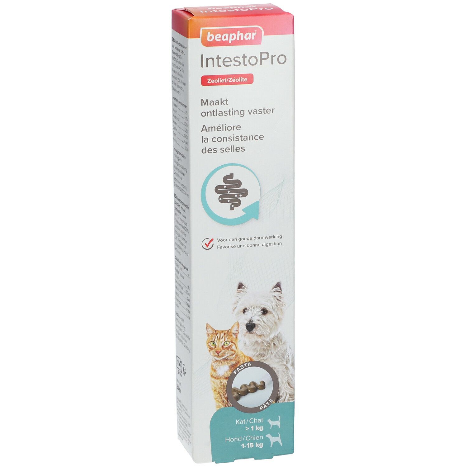 Beaphar IntestoPro verpakking. Witte doos met productnaam en illustraties. Kat en hond afgebeeld.