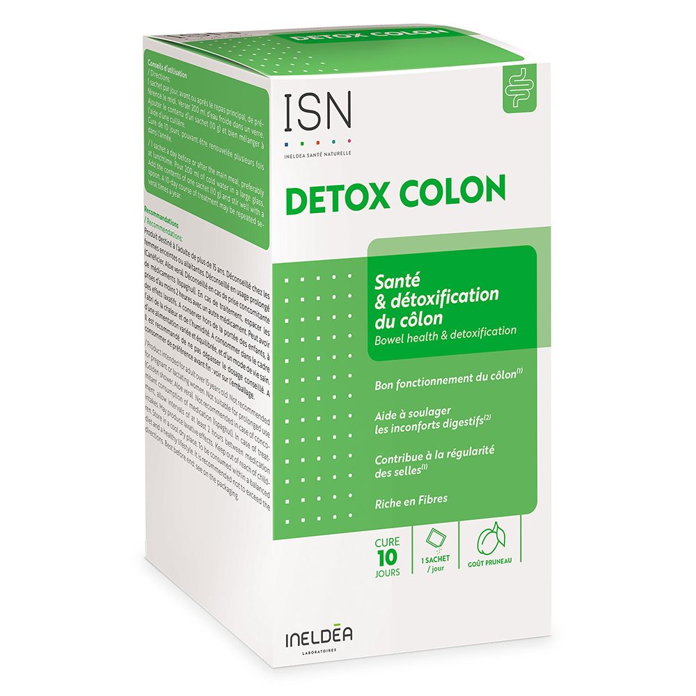 Groene doos "Detox Colon". ISN logo. Tekst: Santé & détoxification du côlon, kuur 10 dagen, vezelrijk.
