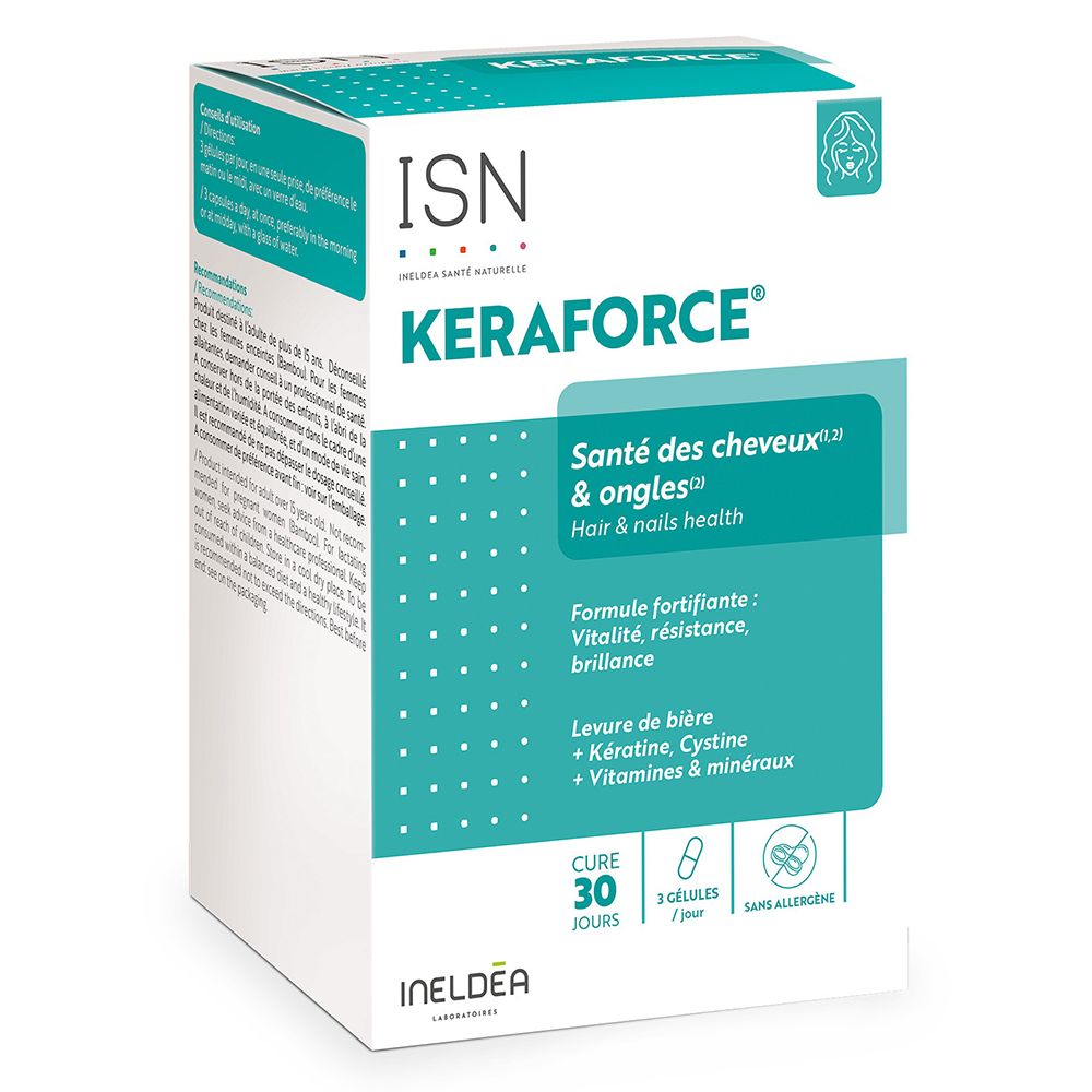 Karton Keraforce. Opschrift: ISN, Keraforce, Santé des cheveux & ongles. Kuur 30 dagen. 30 capsules.