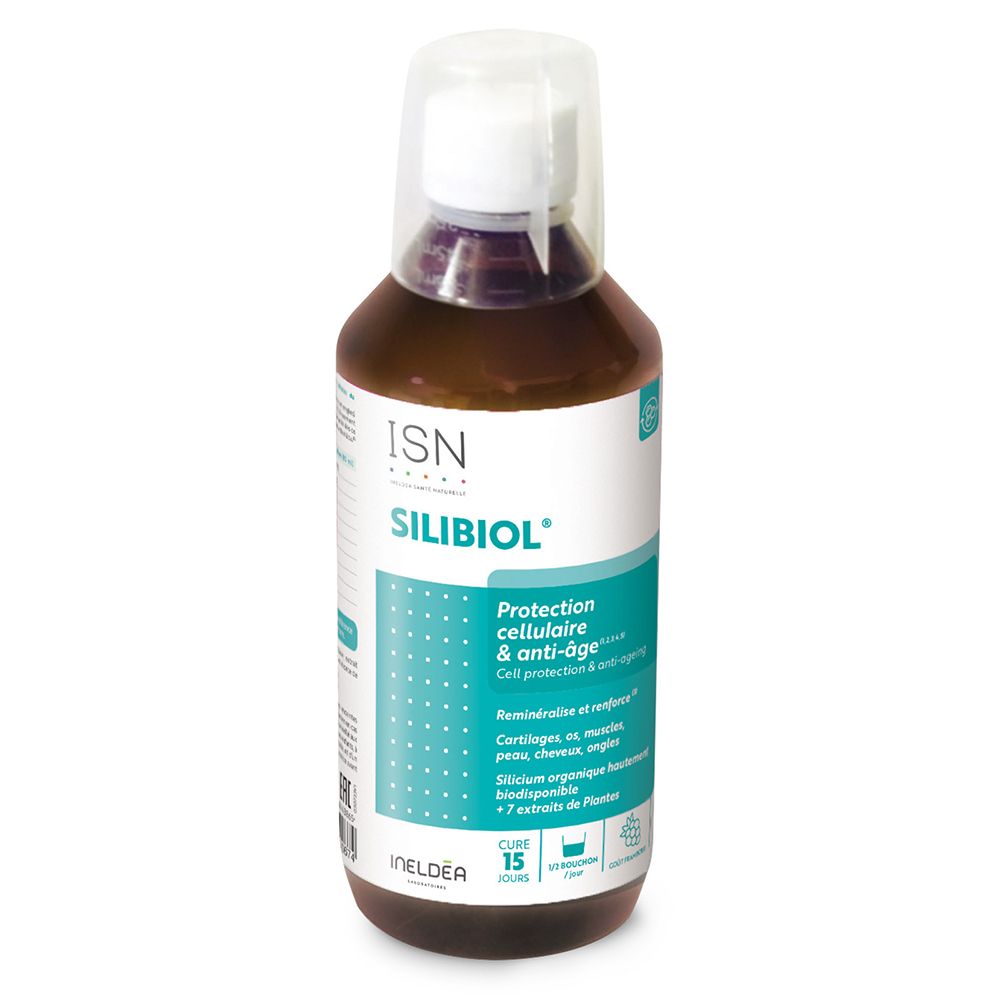 Bruine vloeistof in fles met witte dop. Opschrift SILIBIOL, ISN. Tekst: Celbescherming & anti-aging.