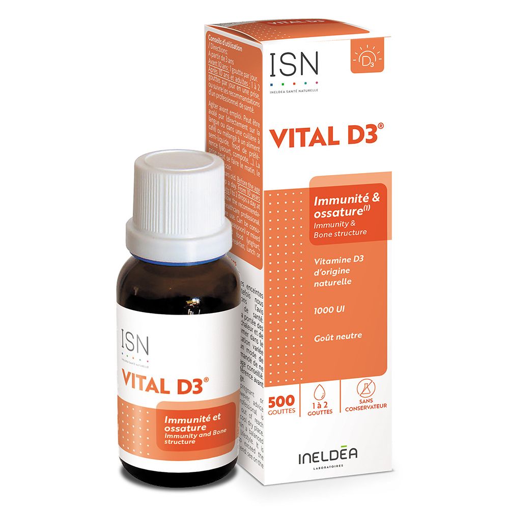 Bruine glazen fles en oranje verpakking. Opschrift: VITAL D3®, Immuunsysteem & botstructuur. Bevat 1000 IE vitamine D3.