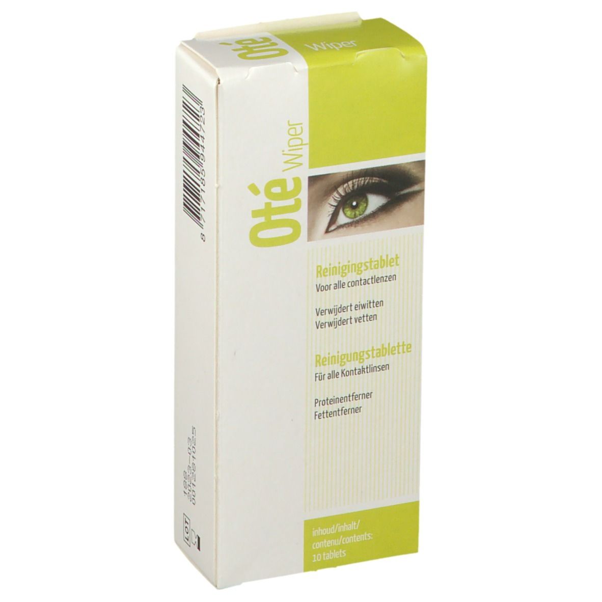 Boîte de comprimés nettoyants Oté Wiper. Inscription: Comprimés nettoyants, pour lentilles. 10 comprimés.