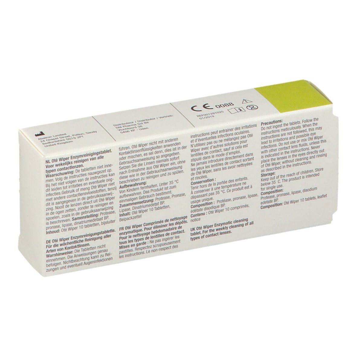 Dos de l'emballage Oté Wiper. Texte multilingue. Informations sur les précautions et les ingrédients.