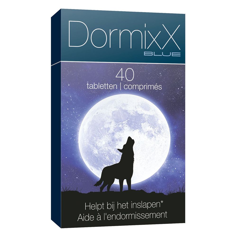 DormixX Blue doos, 40 tabletten. Afbeelding: wolf voor maan. Tekst: Helpt bij het inslapen.