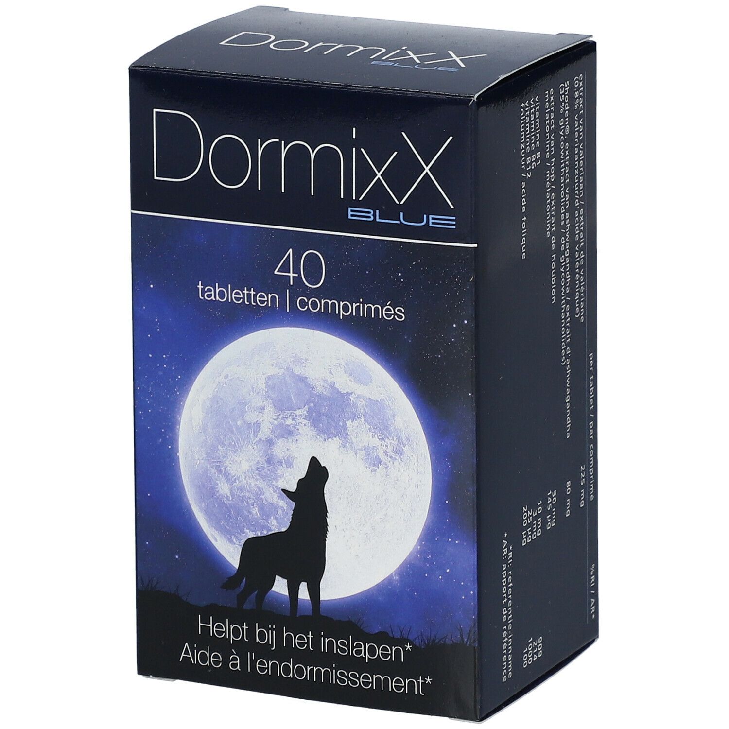 DormixX Blue doos, 40 tabletten. Afbeelding: wolf voor maan. Tekst: Helpt bij het inslapen.