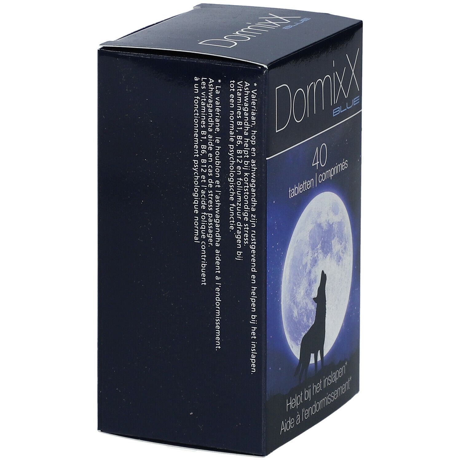 DormixX Blue doos, zijaanzicht. Tekst: 40 tabletten. Afbeelding: wolf voor maan. Tekst: Helpt bij het inslapen.