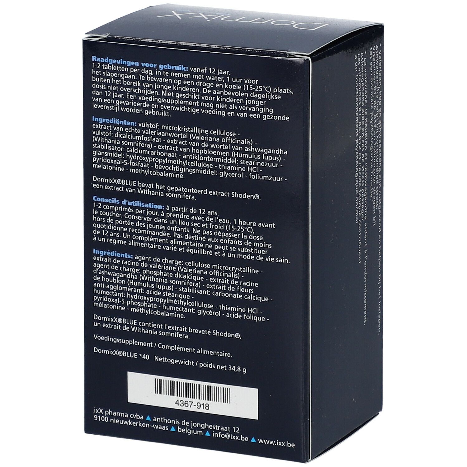 DormixX Blue doos, achterkant. Tekst: ingrediënten, dosering, waarschuwingen. Tekst: 40 tabletten. Netto: 34,8 g.