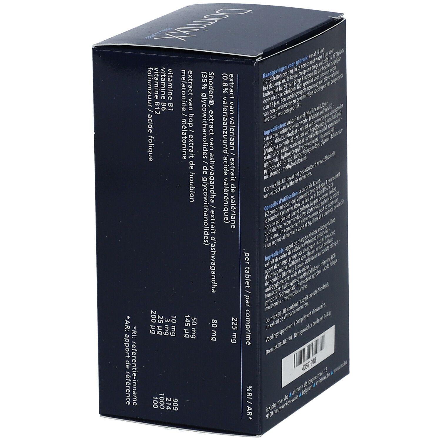 DormixX Blue doos, detail. Tekst: ingrediënten per tablet. Tekst: 80 mg valeriaan, 50 mg hop, etc.