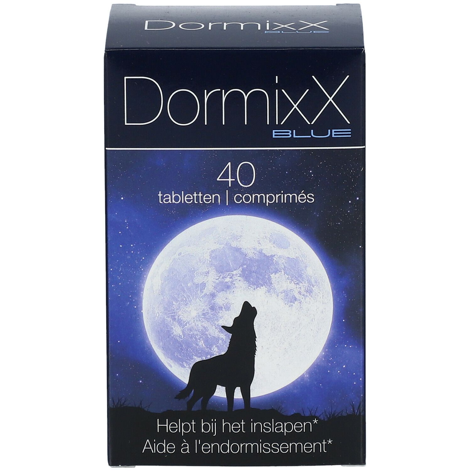 DormixX Blue doos, 40 tabletten. Afbeelding: wolf voor maan. Tekst: Helpt bij het inslapen.