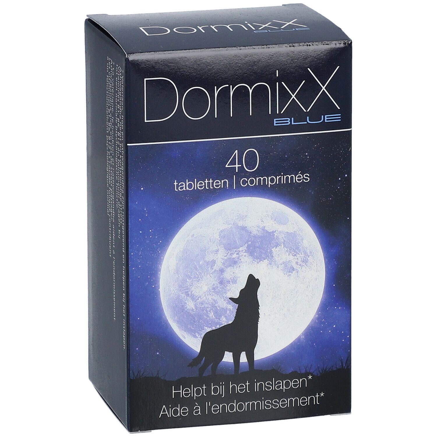 DormixX Blue doos, 40 tabletten. Afbeelding: wolf voor maan. Tekst: Helpt bij het inslapen.