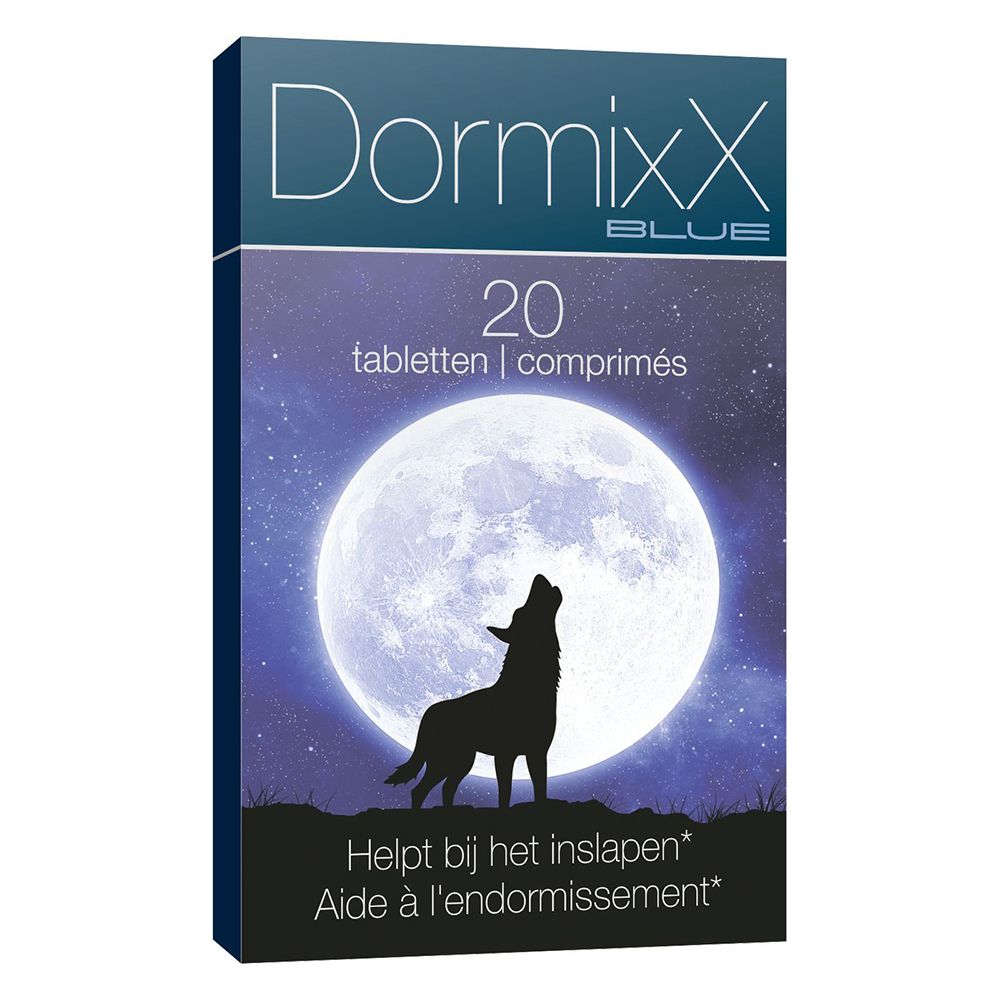 DormixX Blue doosje, 20 tabletten. Maan en wolf. Tekst: Helpt bij het inslapen. Vooraanzicht.