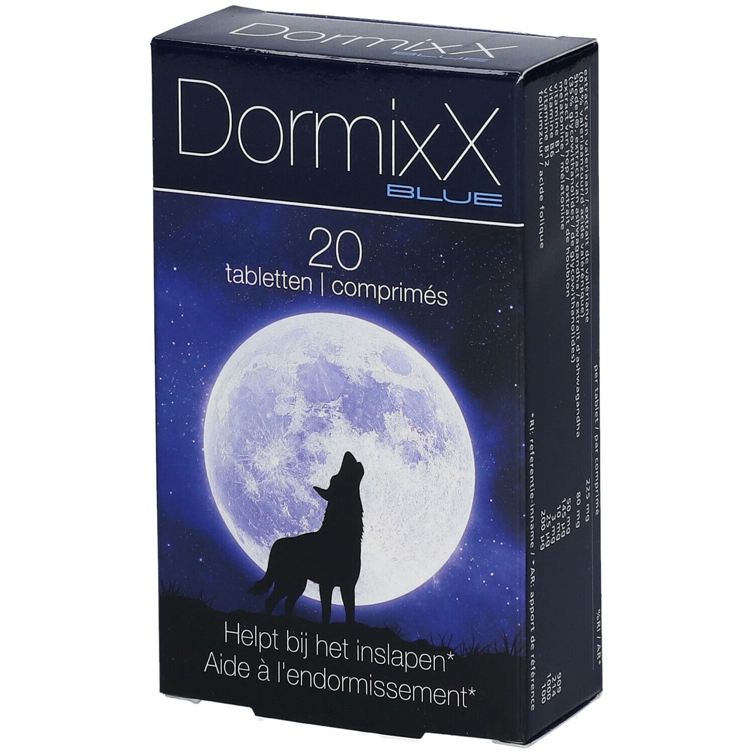 DormixX Blue doosje met 20 tabletten. Maan en huilende wolf. Tekst: Helpt bij het inslapen.