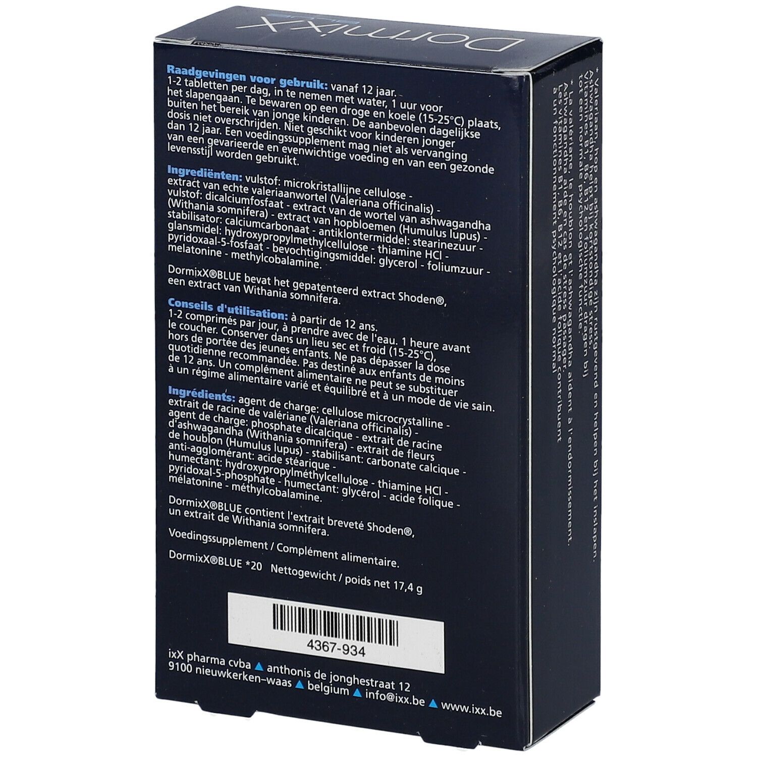 Achterkant van de DormixX Blue doos. Tekst over ingrediënten, gebruik en fabrikantinfo. Nettogewicht 17,4 g.
