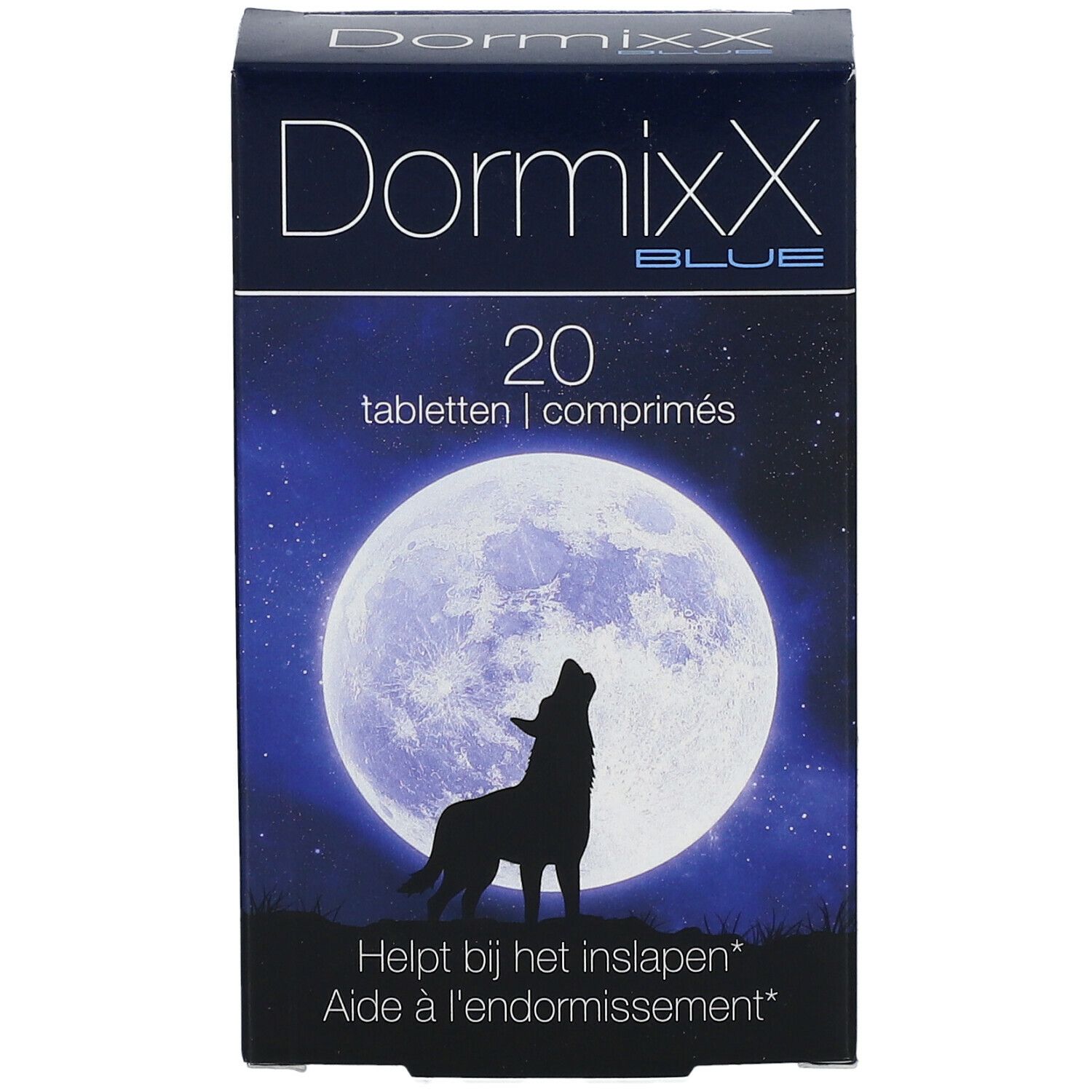 DormixX Blue doosje met 20 tabletten. Maan en huilende wolf. Tekst: Helpt bij het inslapen. Vooraanzicht.