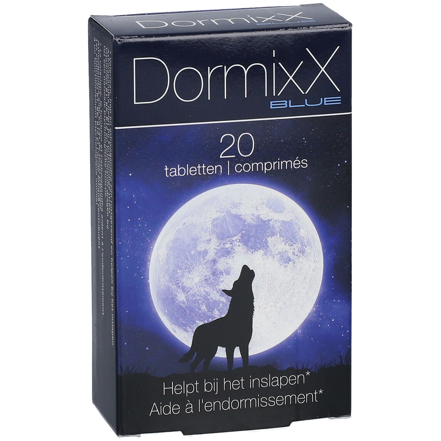 DormixX Blue doosje, 20 tabletten. Maan en wolf. Tekst: Helpt bij het inslapen. Schuin aanzicht.