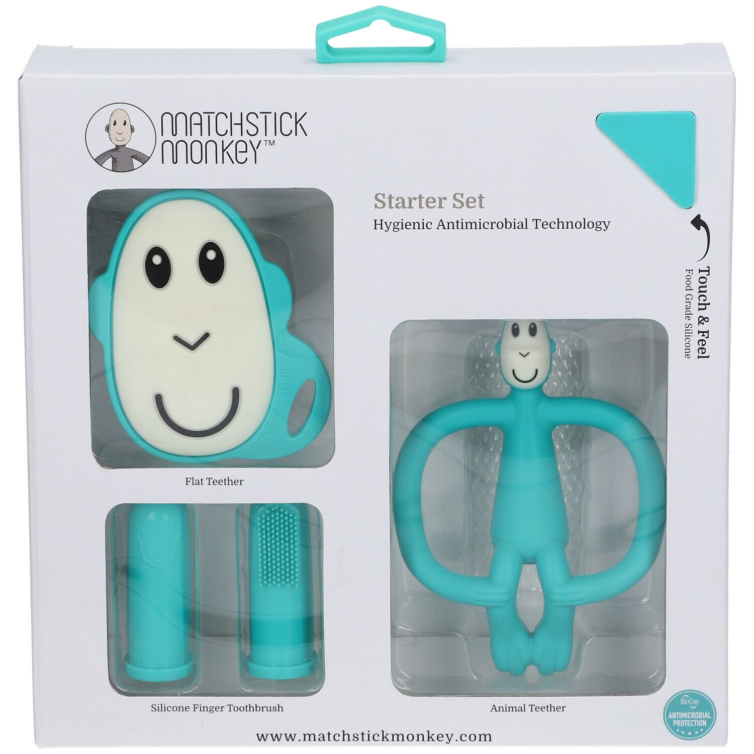 Starterset met apenbijtring, platte bijtring en vinger-tandenborstel. Verpakking met handvat. Hygiënische antimicrobiële technologie.