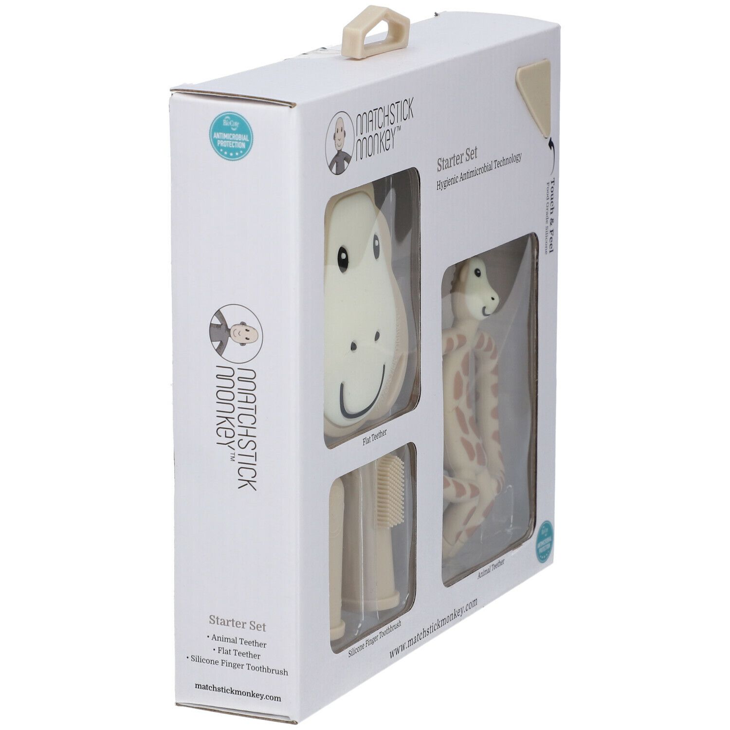 Starterset Giraffe in Verpackung. Enthält: Tier-Beißring, flacher Beißring, Silikon-Fingerzahnbürste. Sichtfenster.