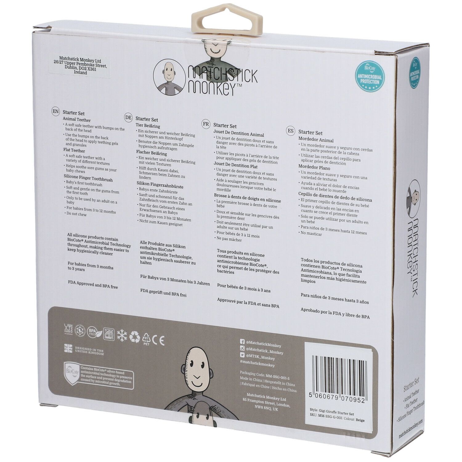 Rückseite der Verpackung des Startersets Giraffe. Text in Deutsch, Französisch, Italienisch, Niederländisch. Produktinformationen.