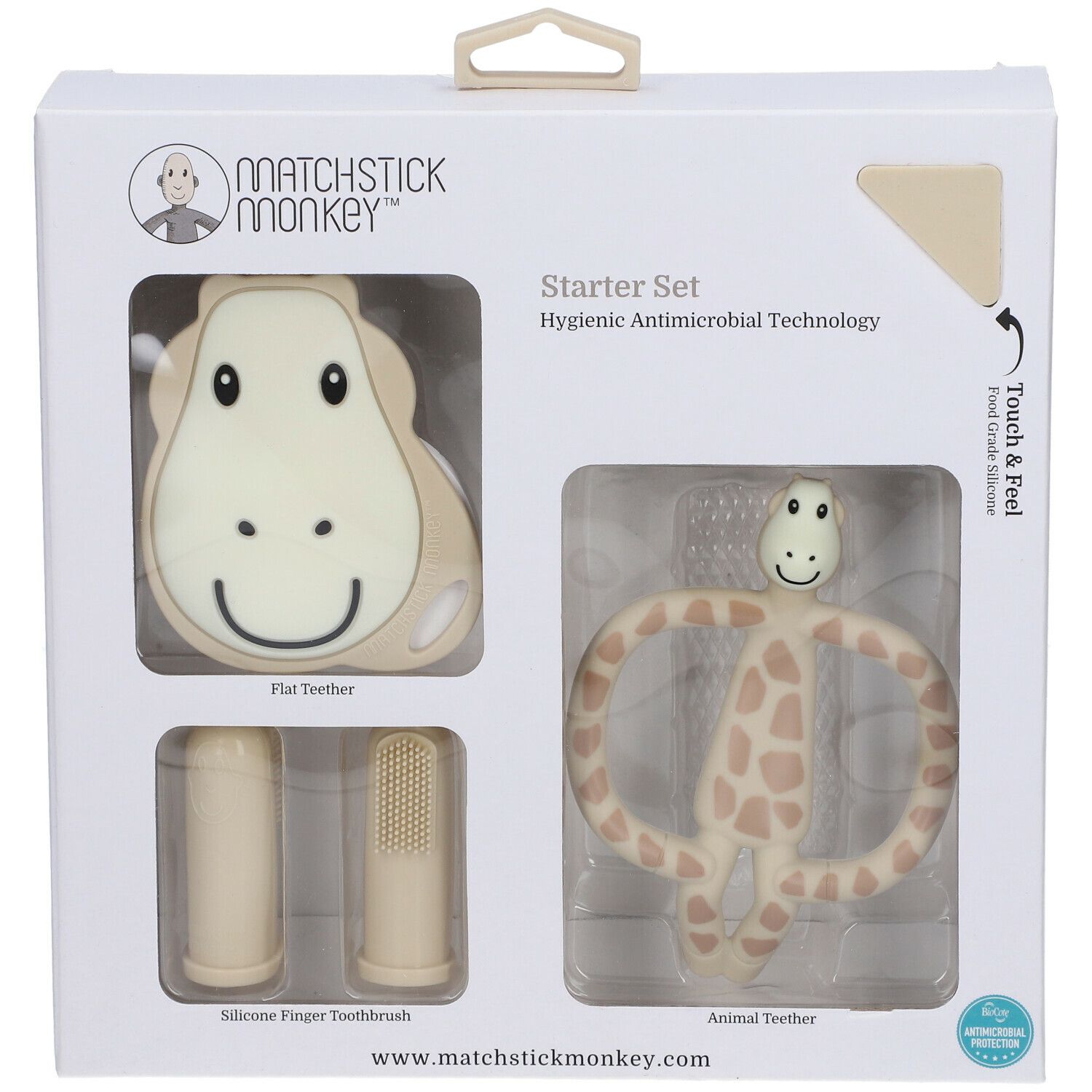 Starterset Giraffe. Enthält: Tier-Beißring, flacher Beißring, Silikon-Fingerzahnbürste. Verpackung mit Sichtfenstern.