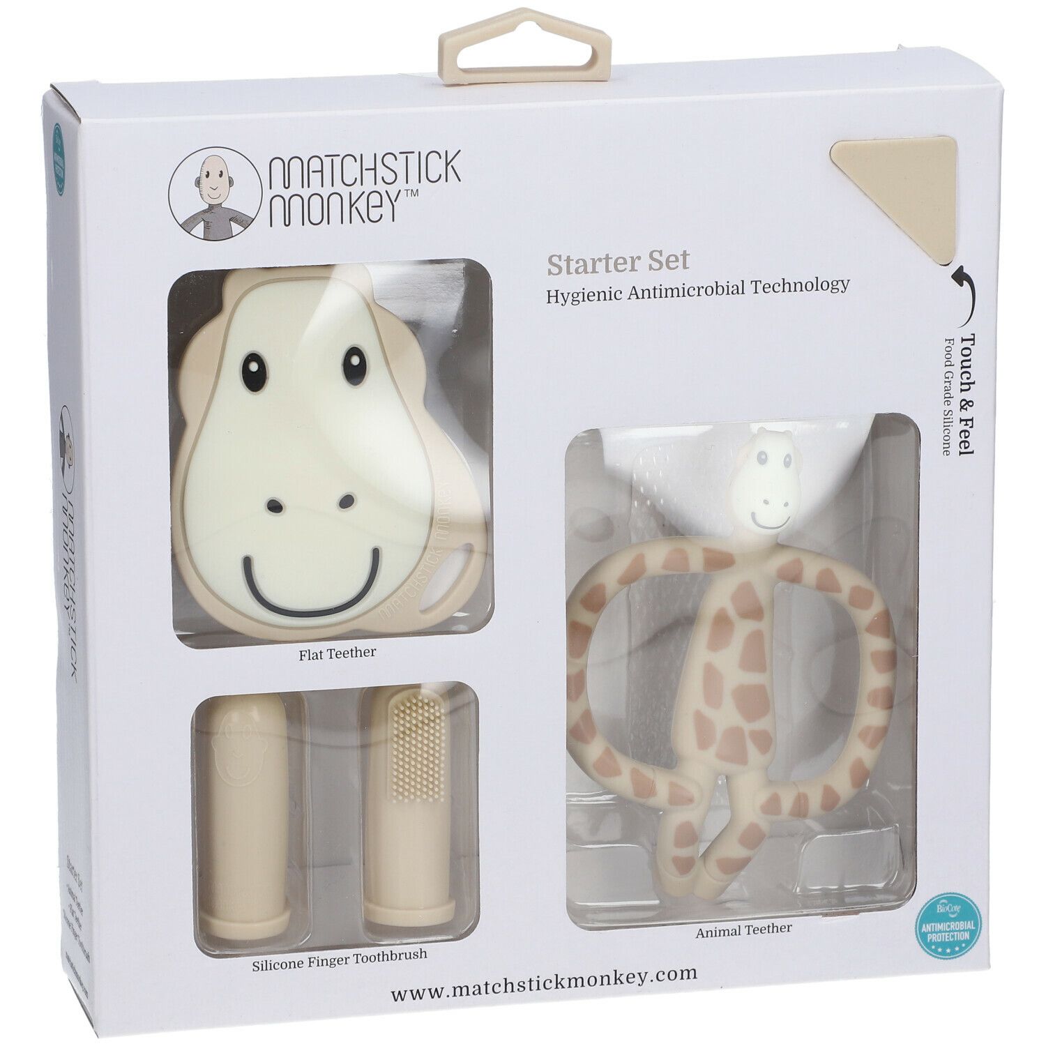 Starterset Giraffe. Enthält: Tier-Beißring, flacher Beißring, Silikon-Fingerzahnbürste. Verpackung mit Sichtfenstern.