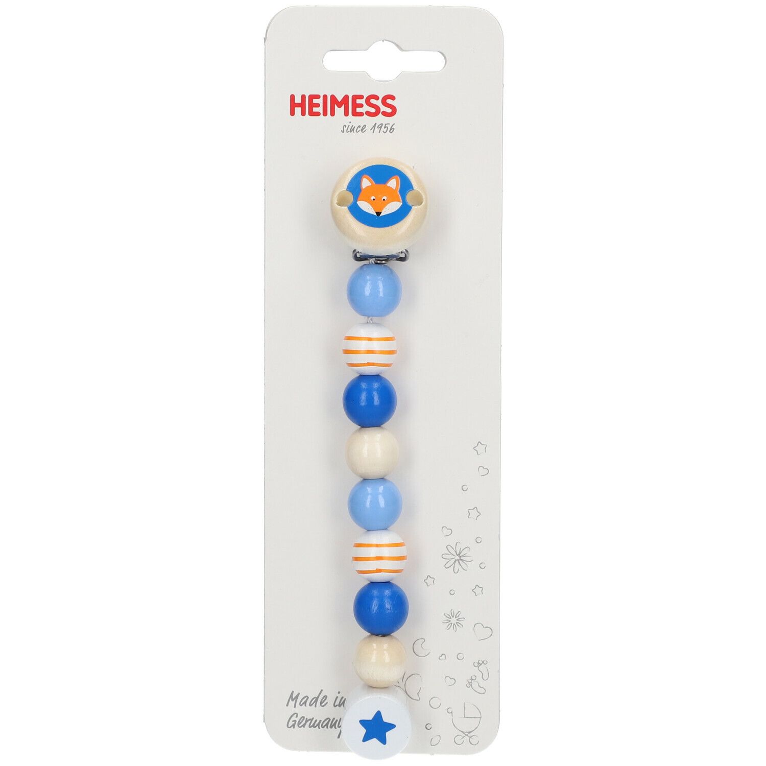 Speenketting met blauwe, witte en oranje houten kralen. Met vosmotief en ster. Verpakt op kaart met logo.