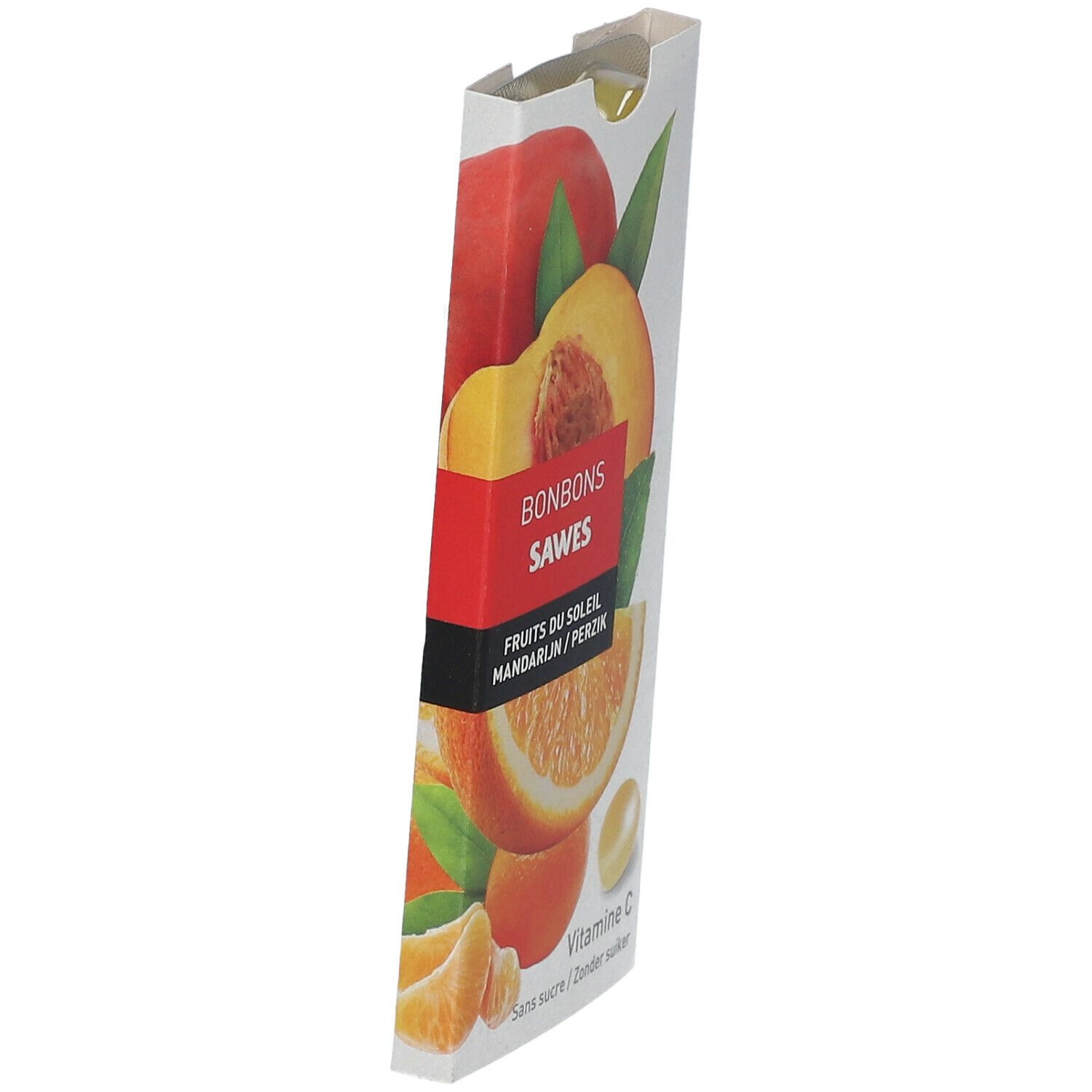 Smalle verpakking met snoepjes. Opschrift: SAWES, fruit, mandarijn/perzik, vitamine C, zonder suiker.