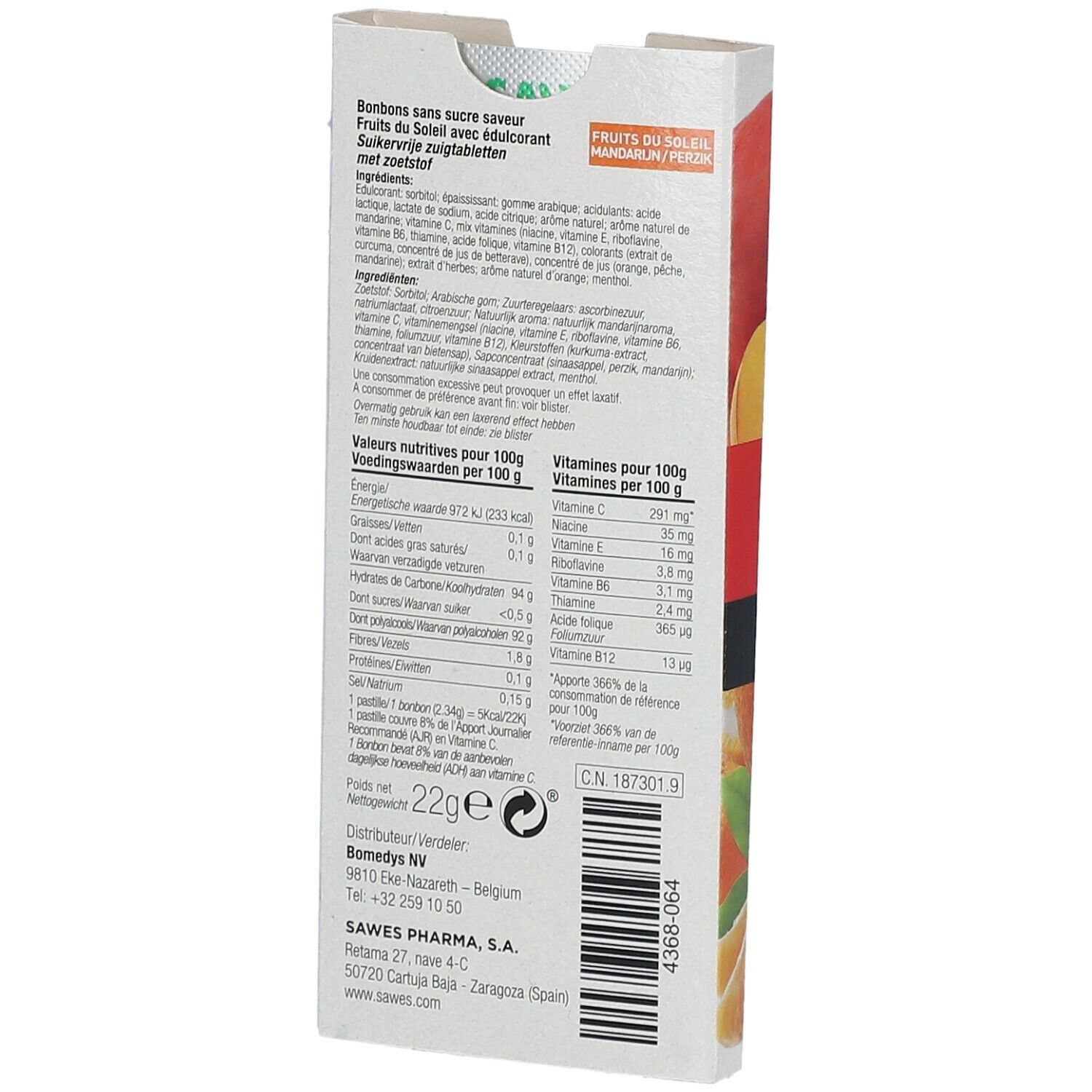 Achterkant van de snoepjesverpakking. Tekst: voedingswaarde, ingrediënten, fabrikant, 22g.