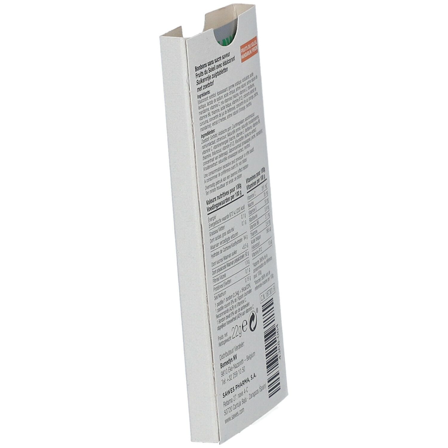 Achterkant van de snoepjesverpakking. Tekst: ingrediënten, voedingswaarde, fabrikant, 22g.