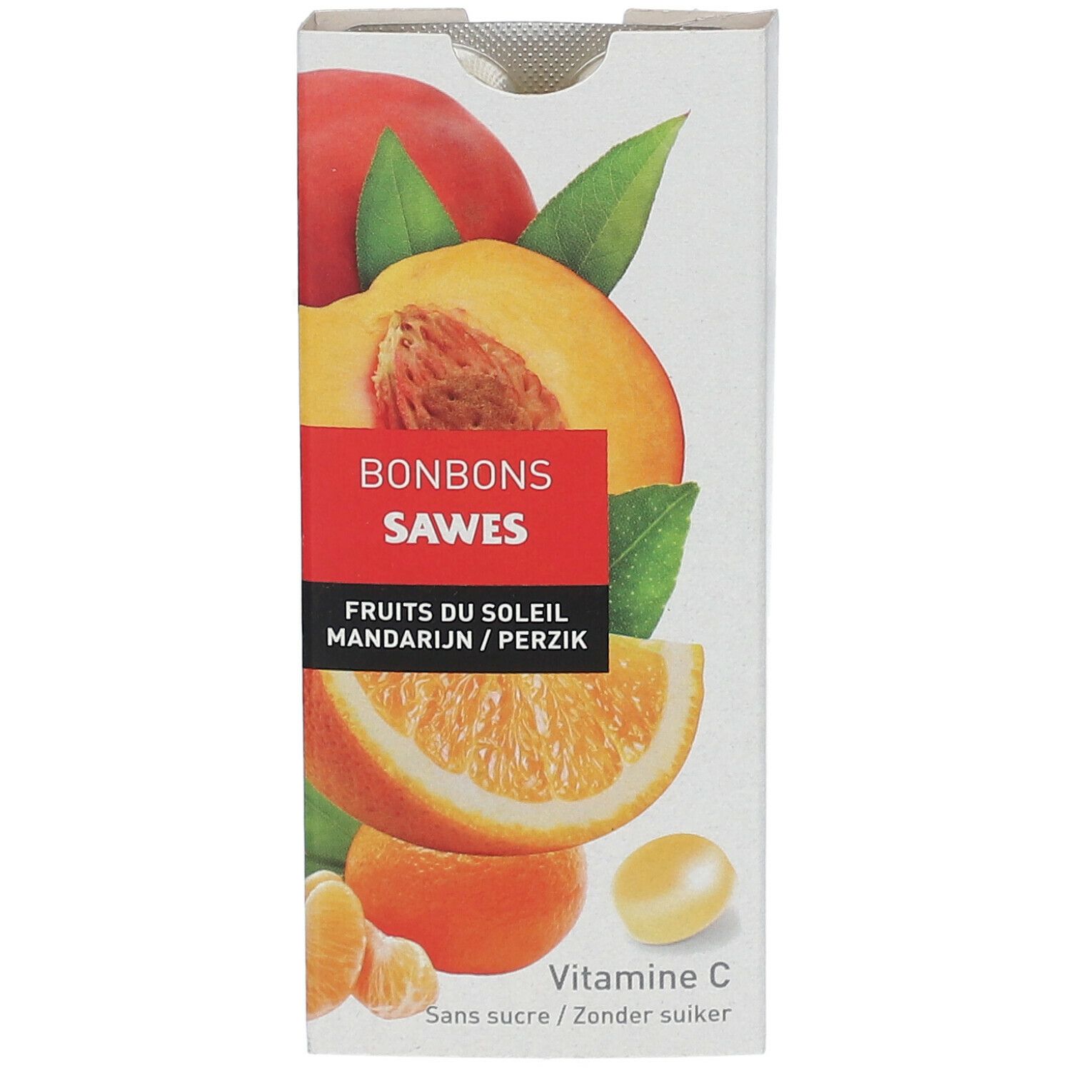 Verpakking met snoepjes. Opschrift: SAWES, fruit, mandarijn/perzik, vitamine C, zonder suiker.