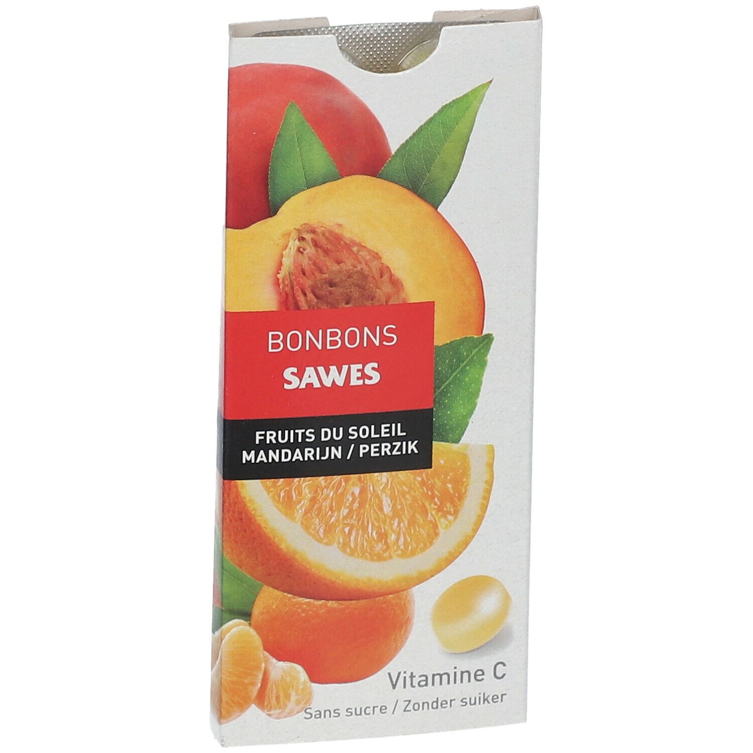 Verpakking met snoepjes. Opschrift: SAWES, fruit, mandarijn/perzik, vitamine C, zonder suiker.