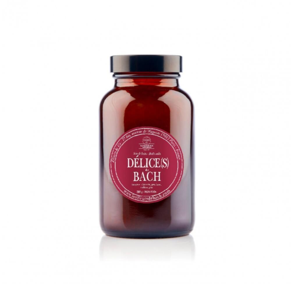 Braune Glasflasche mit schwarzem Deckel. Rotes Etikett mit Text: Délice(S) Bach. Aufschrift: Fleurs de Bach.