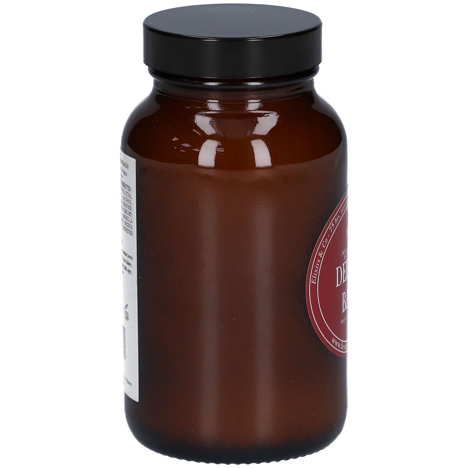 Braune Glasflasche mit schwarzem Deckel. Rotes Etikett mit Text: Délice(S) Bach. Aufschrift: Fleurs de Bach. Zutaten.