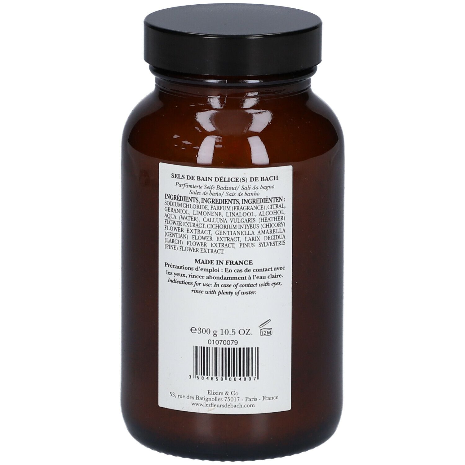 Braune Glasflasche mit schwarzem Deckel. Rückseite mit Text und Zutatenliste. Aufschrift: Fleurs de Bach. 300g.