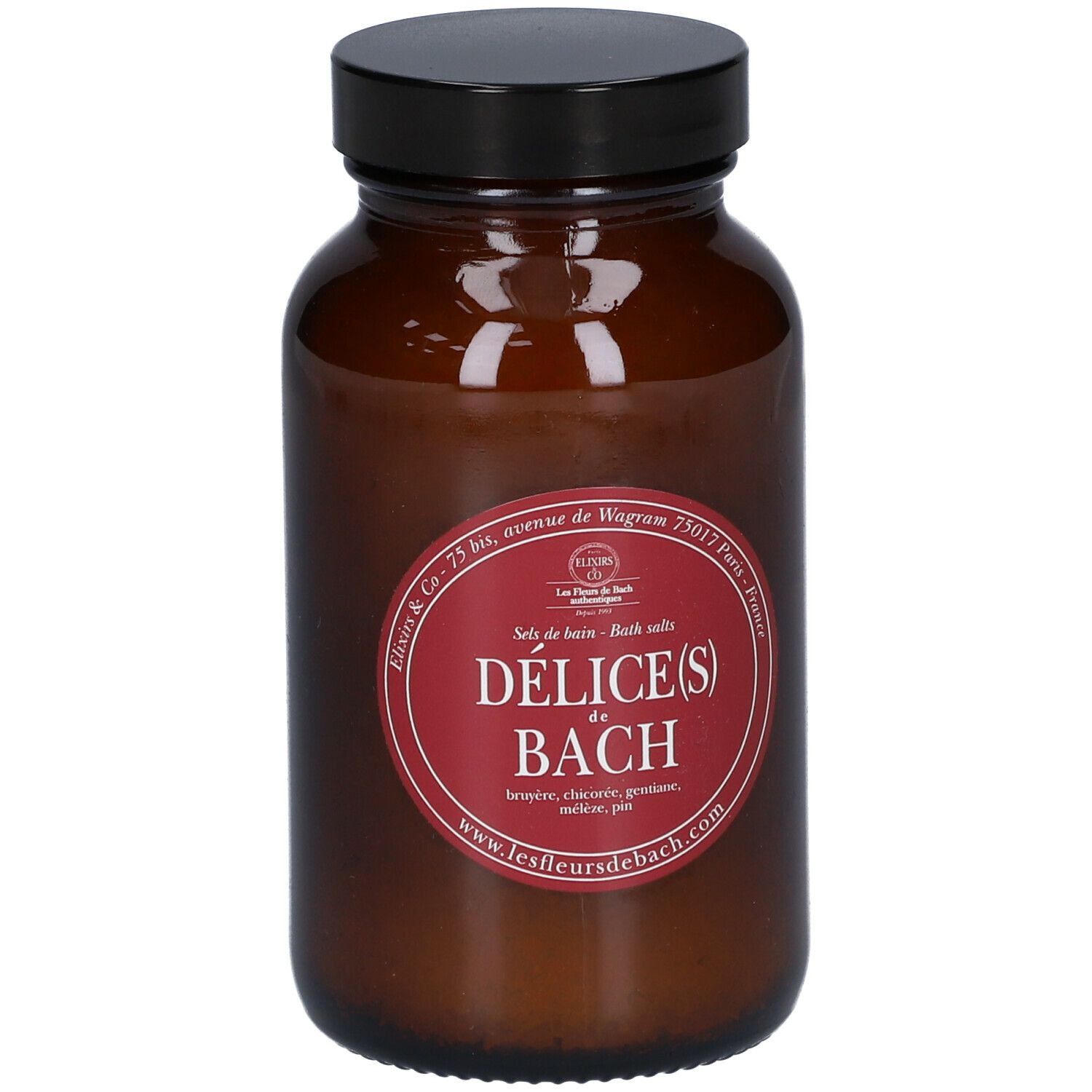 Braune Glasflasche mit schwarzem Deckel. Rotes Etikett mit Text: Délice(S) Bach. Aufschrift: Fleurs de Bach. Zutaten.