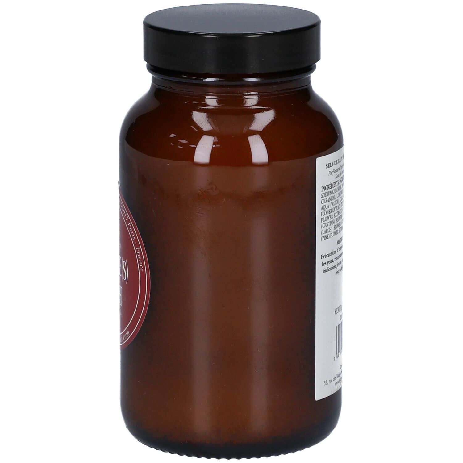 Braune Glasflasche mit schwarzem Deckel. Rückseite mit Text und Zutatenliste. Aufschrift: Fleurs de Bach. 300g.