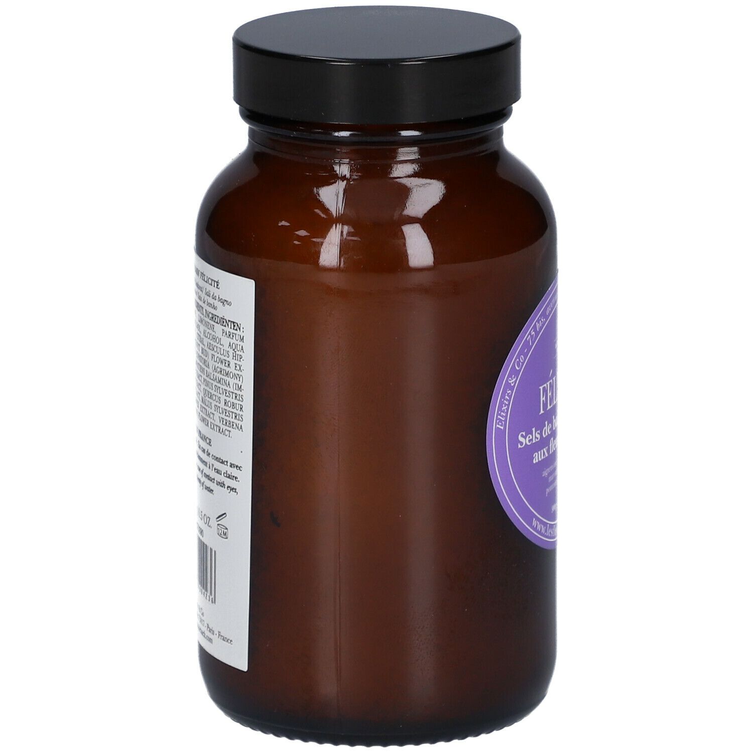 Braune Glasflasche mit schwarzem Deckel. Etikett mit Produktnamen und Text in Französisch. Seitenansicht.