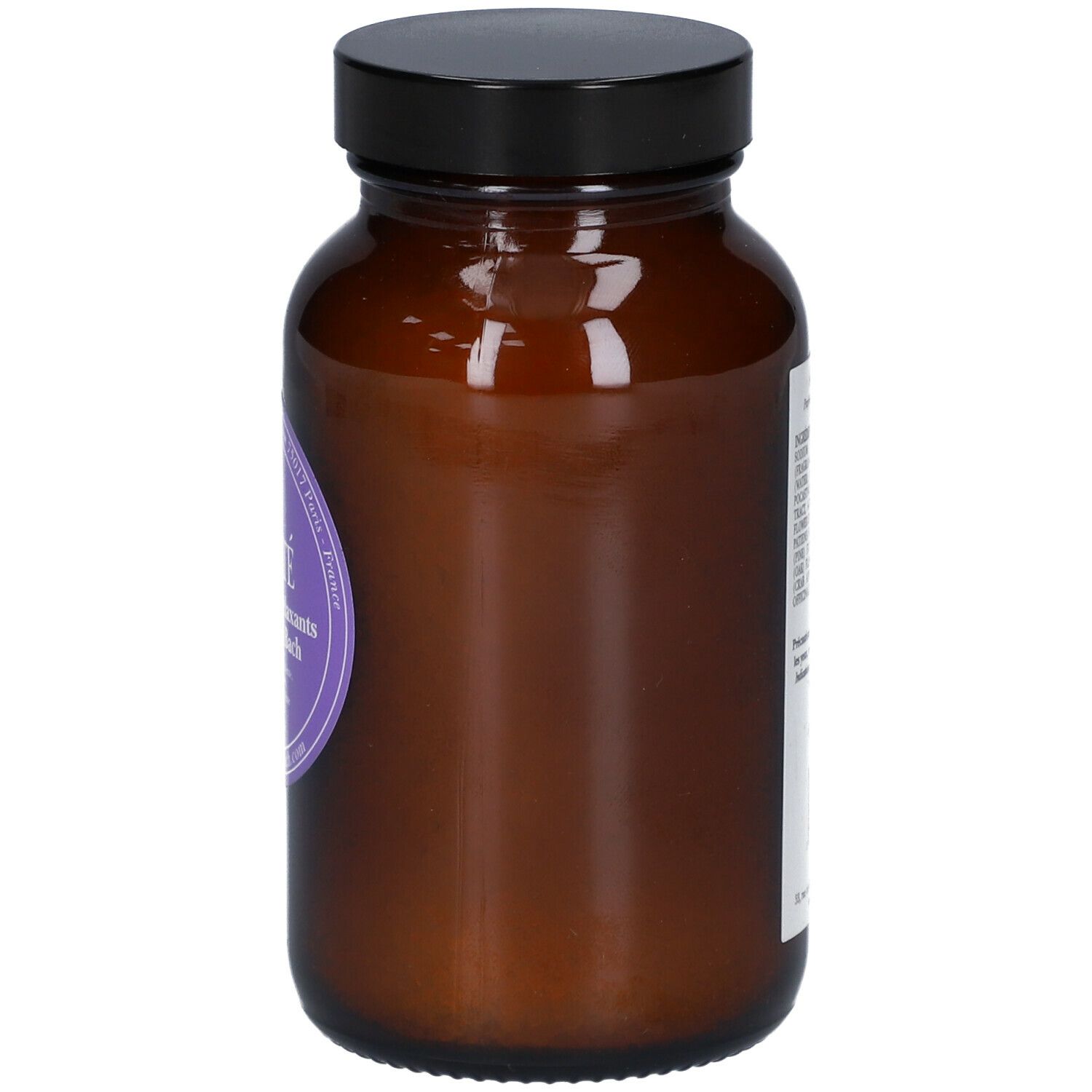 Braune Glasflasche mit schwarzem Deckel. Etikett mit Produktnamen und Text in Französisch. Seitenansicht.