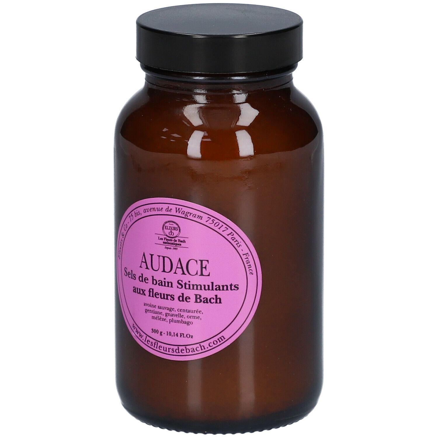 Bruine glazen fles met zwarte dop. Roze etiket met tekst: AUDACE Sels de bain Stimulants aux fleurs de Bach.