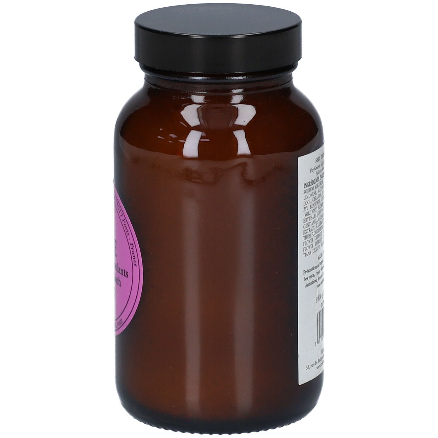 Bruine glazen fles met zwarte dop. Roze etiket met tekst. Productlabel met tekst aan de linkerkant.