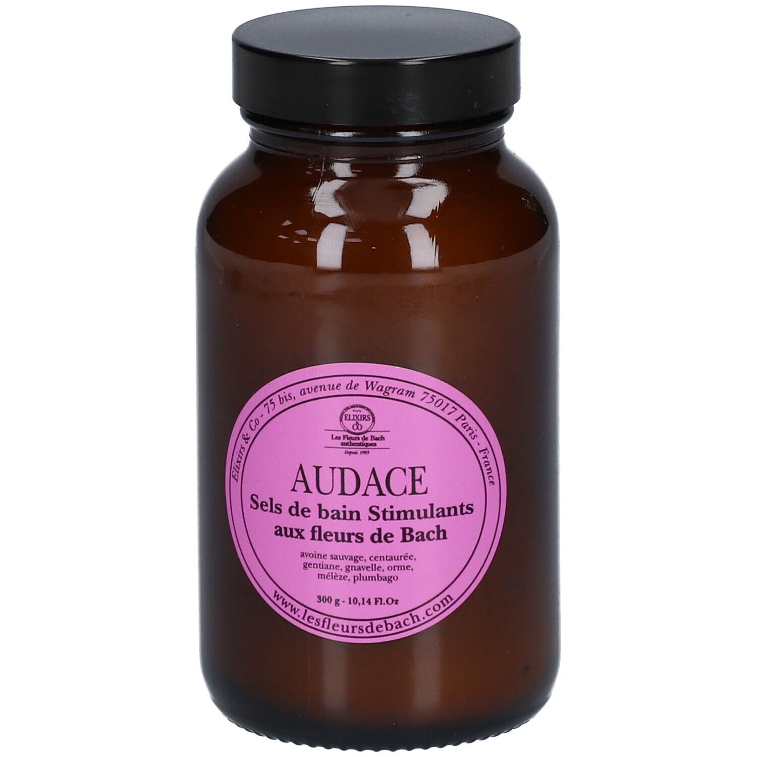 Flacon en verre brun avec couvercle noir. Étiquette rose avec texte: AUDACE Sels de bain Stimulants aux fleurs de Bach.