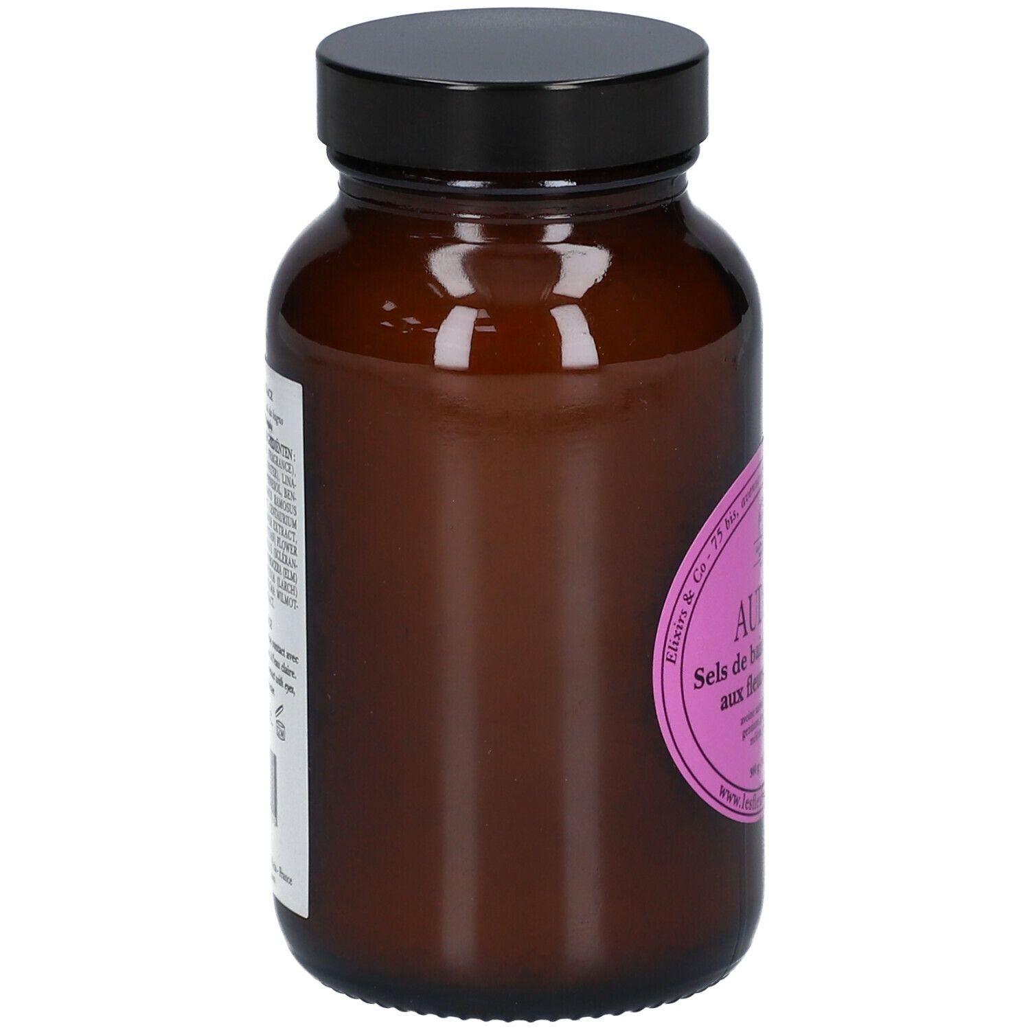Flacon en verre brun avec couvercle noir. Étiquette rose avec texte. Étiquette du produit sur le côté.